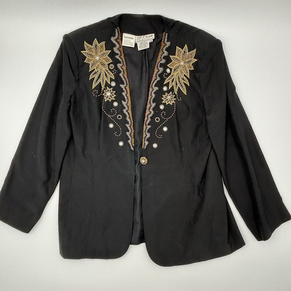 D'Orna New York 100% Silk Beaded Blazer Jacket Vintage Black Gold Floral Plus 18